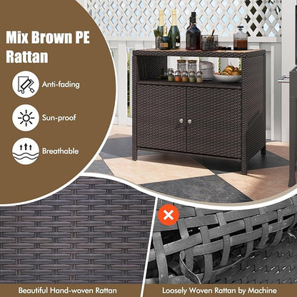 Wicker Outdoor Storage Cabinet, Rattan Patio Bar Table with Acacia Wood Countertop, Open Compartment & 2 Doors, Outdoor Buffet Cabinet Sideboard for Poolside, Garden, Backyard (Mix Brown)