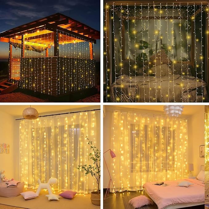 300LED Solar Curtain Lights USB & Solar Dual Powered 8 Modes Fairy Curtain String Lights Waterproof Twinkle Lights for Home Indoor Outdoor Use Garden Patio Gazebo (Warm White)