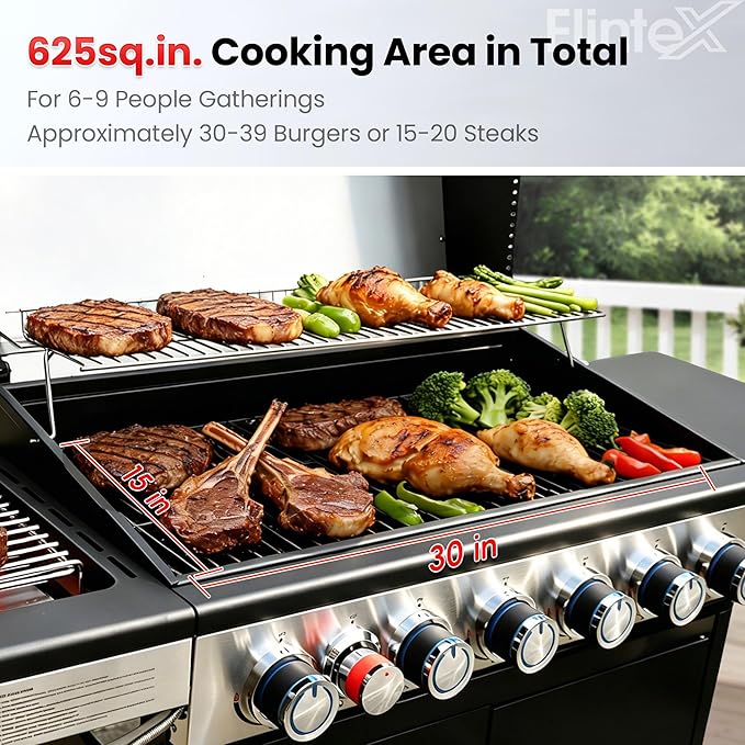 Flintex 6-Burner Propane Gas Grill with Infrared Searing Side Burner and Porcelain-Enameled Cast Iron Grates & Pan, Outdoor BBQ Grill with 53,500 BTU Output, 630 sp.in. Cooking Area, Black