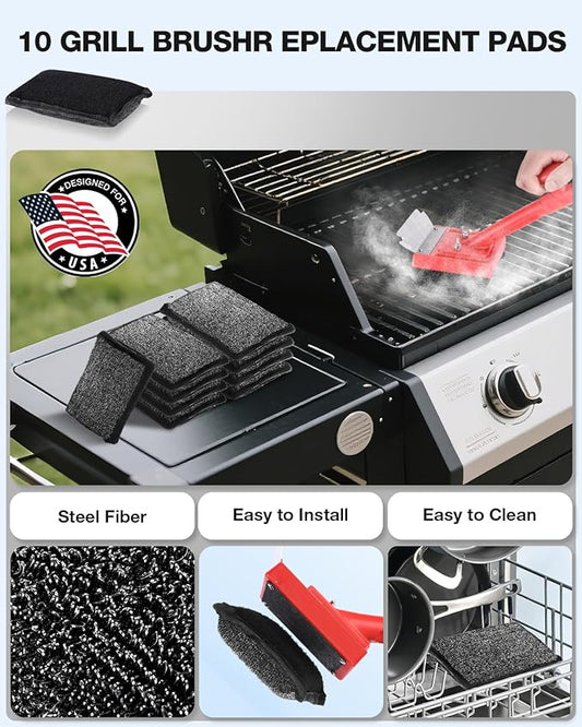 Grill Brush Bristle Free, Safe Non Metal Wire with Scraper 10 Replacement Heads, Steam Grilling Grate Cleaning Tool, BBQ Cleaner Accessory Kit Set, Outdoor Cast Iron Barbecue/Barbeque Scrubber