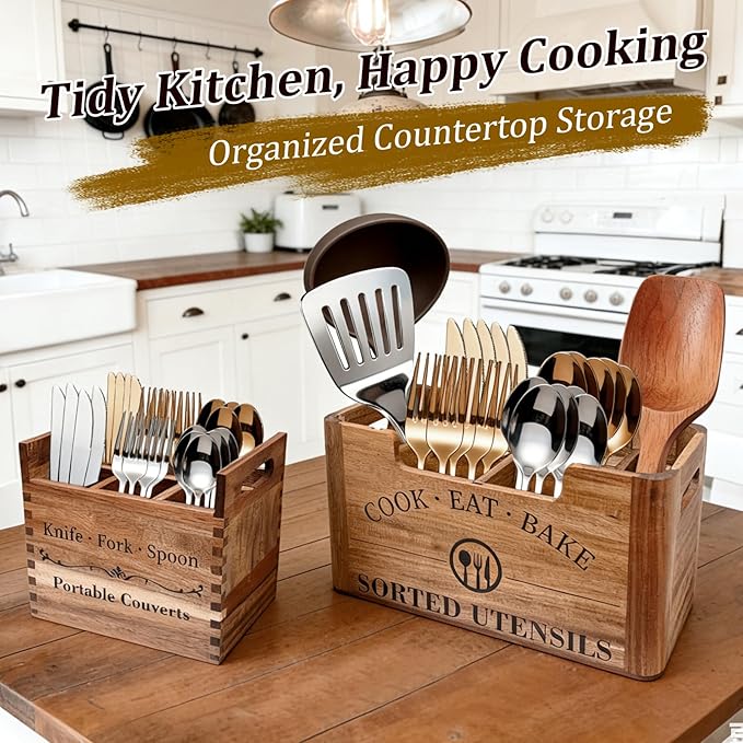 2-in-1 Acacia Wood Kitchen Utensil Holder, Large Farmhouse Countertop Organizer with Warm Aesthetic Removable Silverware Caddy, Rustic Wooden Container for Counter, Dining room & Island