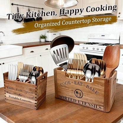 2-in-1 Acacia Wood Kitchen Utensil Holder, Large Farmhouse Countertop Organizer with Warm Aesthetic Removable Silverware Caddy, Rustic Wooden Container for Counter, Dining room & Island