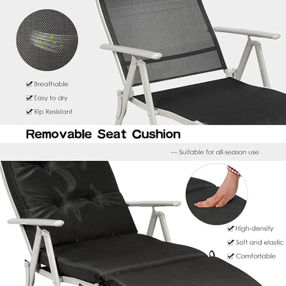 Giantex Chaise Lounge Chair for Outside, Pool Folding Reclining Beach Chair W/Removable Cushion&Headrest Pillow, Outdoor Lounge Chaise w/ 7 Backrest Positions, Portable Patio Lounger (1, Black)