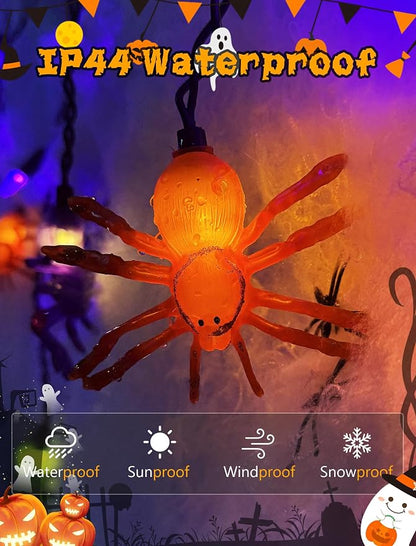 7Ft Halloween Spider Curtain String Lights Outdoor Waterproof, 25LED Plug-in Halloween Decorations with 10 Colorful Spider Lights, Spooky Party Decor for Haunted House, Patio, Porch, Yard, Window