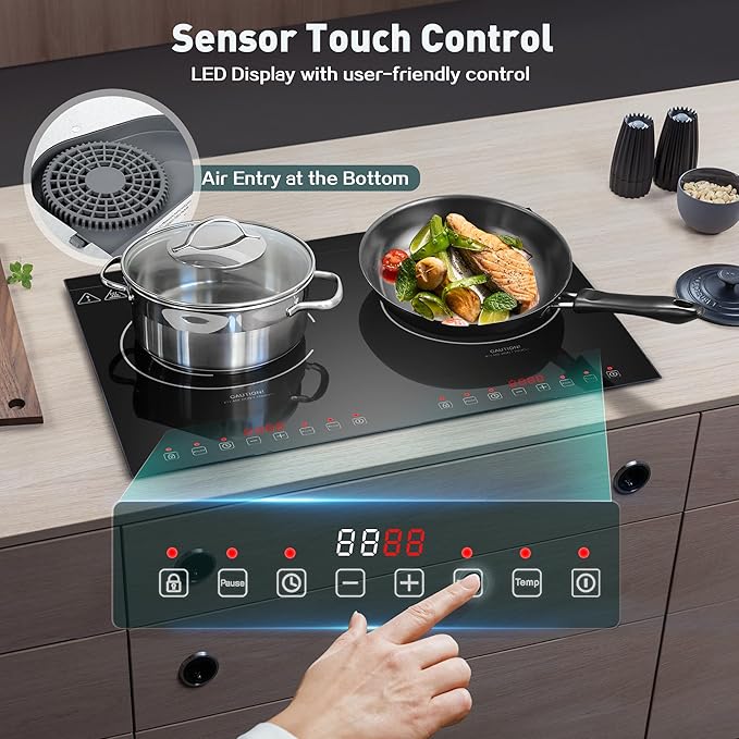 Induction Cooktop with 2 Burners, Horizontal Electric Stove, Built-In Induction Cooker, 1800W Sensor Touch Electric Cooktop, 9 Power Levels, Timer, Safety Lock, 120V, 20 Inch