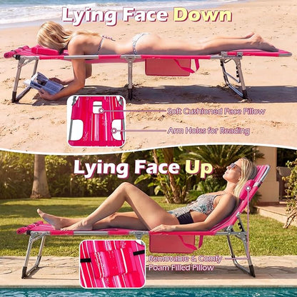 GYMAX Tanning Chair, 330LBS Beach Lounge w/Face Arm Hole & Shoulder Strap, Folding Layout Sunbath Chair, Face Down Outdoor Chaise Lounger for Patio, Poolside, Lawn, Backyard (1, Pink Stripe)