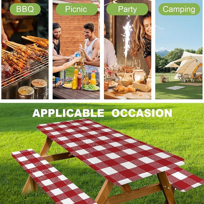 FOREVER QUEEN Picnic Table Cover with Bench Covers 72in,Waterproof Windproof Fitted Tablecloth,Red White Buffalo Plaid Camping Essentials with Drawstring Bag for Patio,Park & Backyard