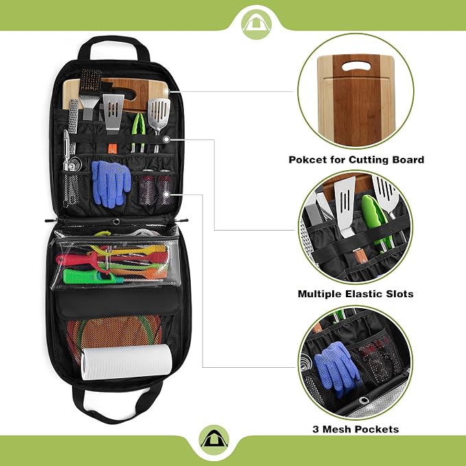HODRANT Hanging Camp Utensil Organizer with Towel Paper Holder for Travel | Portable Camping Kitchen Cookware Bag for Knives, Forks, Spoons & More, Outdoor Cooking Tools Storage Box, Bag Only