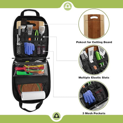 HODRANT Hanging Camp Utensil Organizer with Towel Paper Holder for Travel | Portable Camping Kitchen Cookware Bag for Knives, Forks, Spoons & More, Outdoor Cooking Tools Storage Box, Bag Only