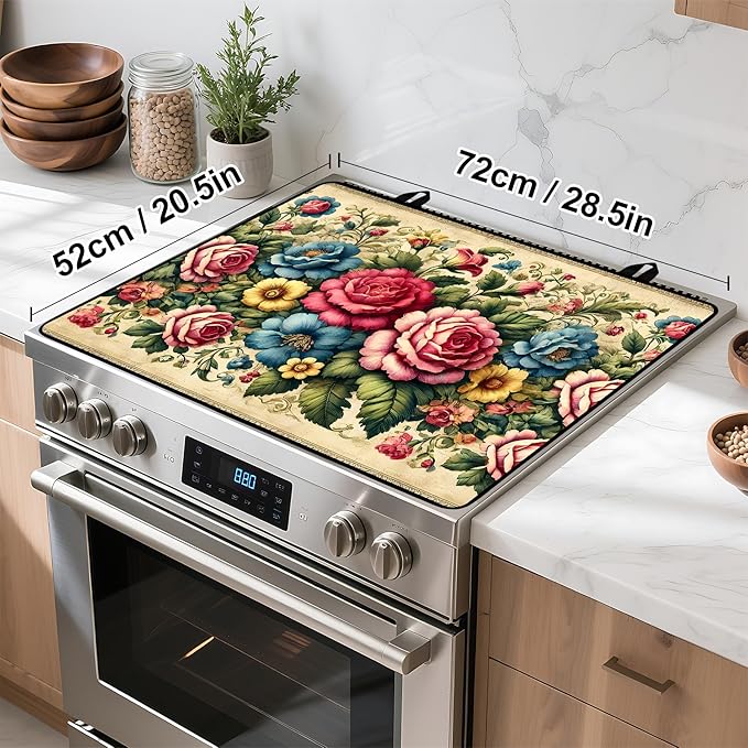 Peony Flower Stove Top Cover Retro Flower Gas Stove Top Cover for Home Decoration Kitchen Pad Non-Stick Washable Cooktop Covers Countertop Protector Keep Stove Clean 28"x20"