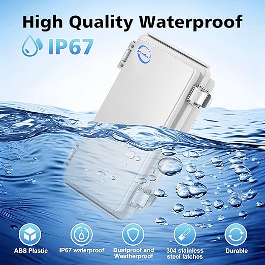 RTHIEAI Waterproof Outdoor IP67 Junction Box (7.9"x3.9"x2.8") with Mounting Plate, Hinged Grey Cover and Wall Brackets - Weatherproof ABS Plastic Electrical Enclosure for DIY Projects (200x100x70mm)