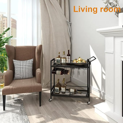 LAATOOREE Bar Cart, Two-Color Home Bar Serving Cart, Mobile Drink Beverage Cart with 2 Storage Shelves, Rolling Kitchen Cart with Wine and Glass Holder, for Dinning Room, Living Room, Kitchen