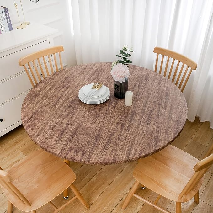 LIBERECOO Round Vinyl Fitted Tablecloth with Flannel Backing Elastic Edge Table Cover Waterproof Stain-Resistant Wipeable Tablecloths Fits 57-65" Round Tables