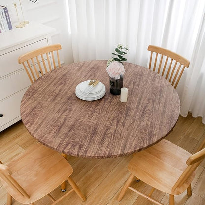 LIBERECOO Round Vinyl Fitted Tablecloth with Flannel Backing Elastic Edge Table Cover Waterproof Stain-Resistant Wipeable Tablecloths Fits 57-65" Round Tables