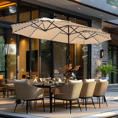 GREEN PARTY 13ft Outdoor Patio Umbrella with Solar Lights, 120 LED 12-Mode Large Double Sided Rectangular Table Umbrella, Heavy Duty Triple-Head Shade for Backyard Deck & Poolside, Beige (No Base)