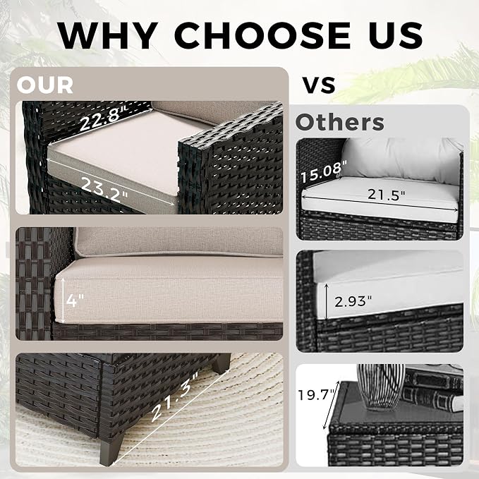 5 Piece Patio Furniture Set, Wicker Outdoor Conversation Set | Patio Chair Set with Olefin Removable Cushion, All-Weather Outdoor Couch with Deep Seat for Porch, Deck and Backyard, Beige