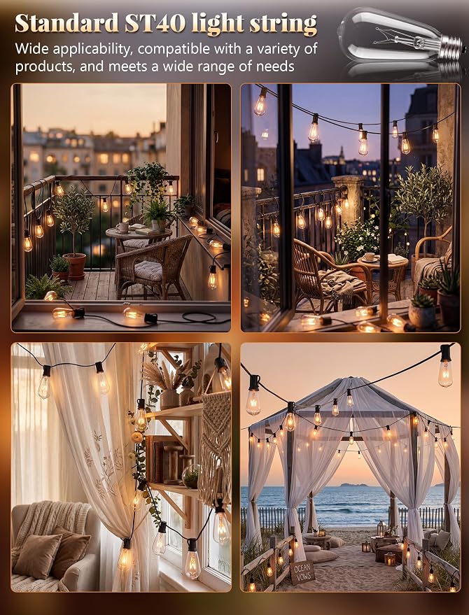 10Ft Outdoor String Lights Waterproof, Hanging Patio Lights with 11 Edison Bulbs (1 Spare), ST40 Vintage Edison Bulbs String Lights for Indoor Garden Backyard Party Wedding Balcony Decor- Black