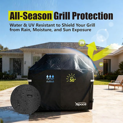 YSPACE 58 Inch Grill Cover Heavy Duty Waterproof Grill Cover for Outdoor | BBQ Grill Cover Fits Weber Genesis II LX 300 Genesis 300 Series Nexgrill Char-Broil Reflective Straps, Black