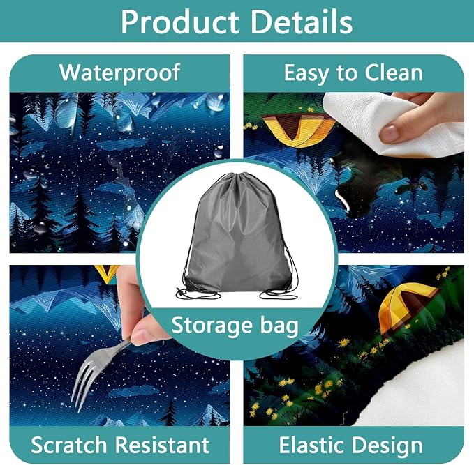 Camping Picnic Table Cover with Bench Covers, Camping Essentials, Forest Campfire Tent Flowers Outdoor Table Covers, Waterproof Windproof, Fitted Tablecloth Cover with Elastic Edge, 3 PCS, 30x96 Inch