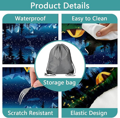 Camping Picnic Table Cover with Bench Covers, Camping Essentials, Forest Campfire Tent Flowers Outdoor Table Covers, Waterproof Windproof, Fitted Tablecloth Cover with Elastic Edge, 3 PCS, 30x96 Inch