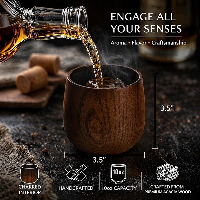 Black Oak Smoked Cocktail Kit – 2-Pack Charred Wooden Whiskey Cup 10oz, Whiskey Smoker Kit with Lid, 3 Smoker Wood Chips & 1 Ice Mold for Old Fashioned | Bourbon Gifts for Men, Dads & Bartenders
