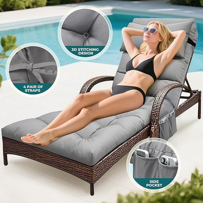 Outdoor Chaise Lounge Chair Cushion, Waterproof Outdoor Chair Cushions for Patio Furniture, 71 x 21 x 4 Inches Replacement Chaise Lounge Cushion with Ties (Grey)