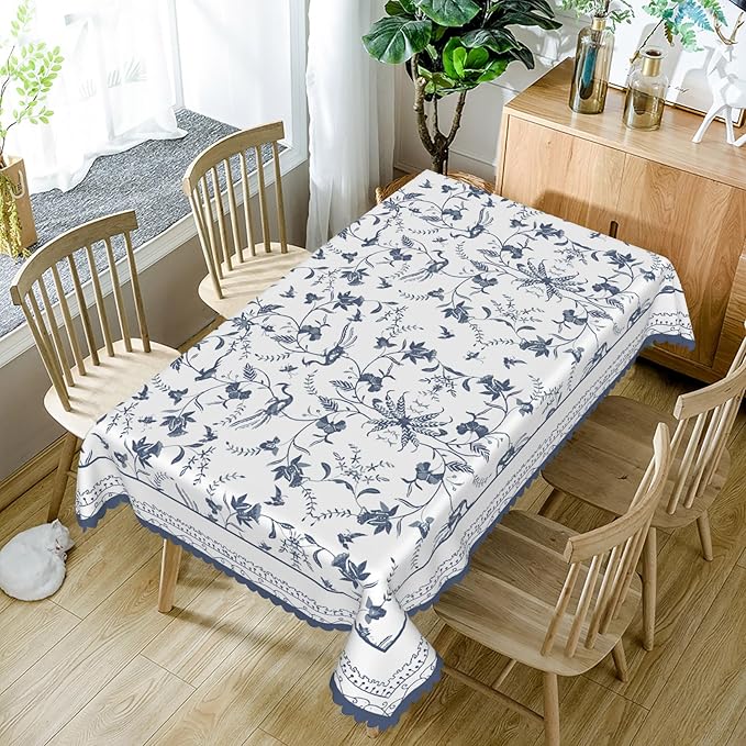 Blue Floral Rectangular Tablecloth Blue and White French Country Tablecloths Rustic Flowers Stain Proof Table Cover for Farmhouse Decor Indoor Outdoor Table Picnic Dinner Decor 70x140 Inch