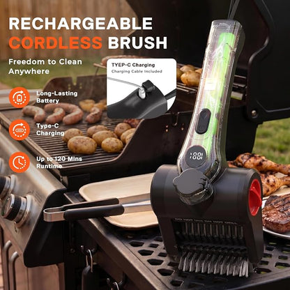 Electric Grill Brush with Water Spray System, Cordless BBQ Grill Cleaner, Rechargeable Power Scrubber for Gas, Charcoal & Pellet Grills, IPX8 Waterproof Grill Cleaning Brush with Scraper & Case