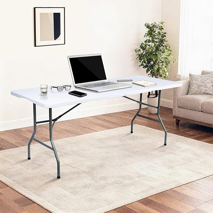 Folding Table 6ft Foldable Table with Built in Handle & Steel Legs / 6FT Heavy Duty Folding Portable,Perfect for Party, Dining Indoor/Outdoor Events, Tailgating & Backyard BBQ, White