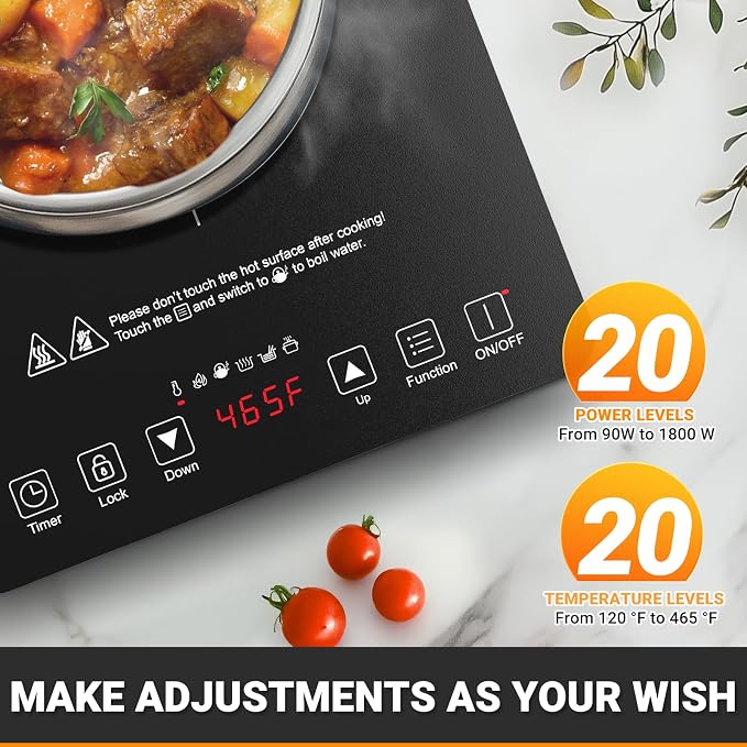 AMZCHEF Portable Induction Cooktop, 20 Temperature & Power Levels, 1800W Induction Stove Burner with 6.8" Heating Coil, Low Noise Hot Plate, Single Electric Cooktops, 120°F to 465°F, 4 Hour Timer