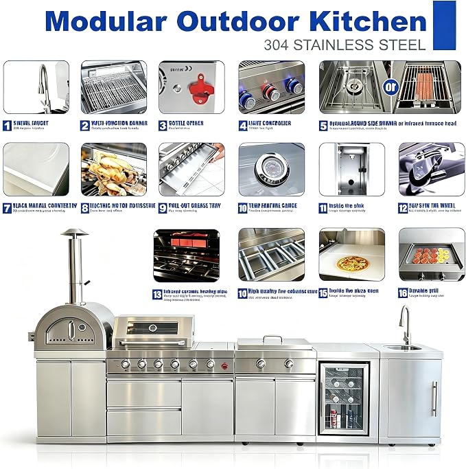 Luxury Modular Outdoor Kitchen Island, Stainless Steel Outdoor BBQ Grill Station with Sink, Storage, Countertop, Refrigerator, Pizza Oven, Backyard Patio Cooking for Family Gathering Entertaining