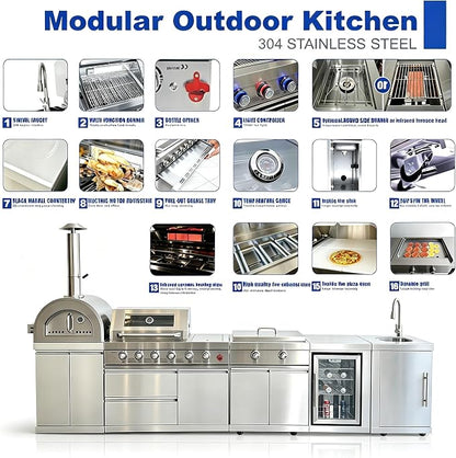 Luxury Modular Outdoor Kitchen Island, Stainless Steel Outdoor BBQ Grill Station with Sink, Storage, Countertop, Refrigerator, Pizza Oven, Backyard Patio Cooking for Family Gathering Entertaining
