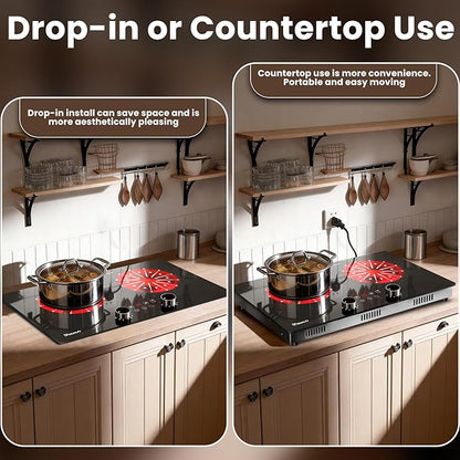 2 Burner Electric Cooktop 110V - 24 Inch(23.6"x 13.78") Ceramic Stove Countertop & Built-in(22"x 12.2"), 2000W Two Burner Cooktop with Touch & Knob Control, Timer, Safety Lock, 120V Plug in