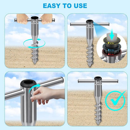 Dolibest Heavy Duty Beach Umbrella Sand Anchor, Screw-in Ground Anchor with 3 Sleeves (Fits 1-2" Poles), Windproof Beach Umbrella Stake, 2.2'' Fully Welded Spiral Design for Ultimate Stability
