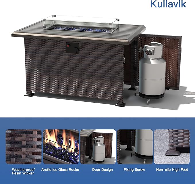Kullavik 43" Propane Gas Fire Pit Table 55,000 BTU Auto-Ignition Wicker ETL Certified Outdoor Fire Pits with Glass Wind Guard,Fire Glass,Slide Out Tank Holder,Lid,Waterproof Table Cover