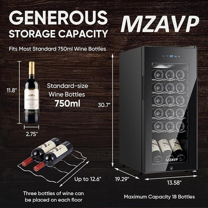 Mini Wine Fridge-Black, 18 Bottles Low Noise Compressor Wine Cooler, Freestanding Wine Cellar with Glass Door and Digital Temperature Control, 14 Inch Wine Refrigerator for Bar, Home & Office