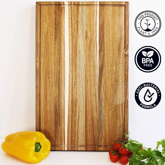 XXL Acacia Cutting Board for Kitchen 24 x 15 Inch (ExtraThick 1.6") Non Toxic Wood Chopping Board for Meat, Cheese, Wooden Charcuterie Boards with Handle, Hardwood Butcher Block (Oil & Plate Included)