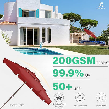 JEAREY 3 Tiers 9 FT Patio Umbrellas Outdoor Table Umbrella with Push Button Market Umbrella 8 Sturdy Ribs UV Protection Waterproof for Garden,Red