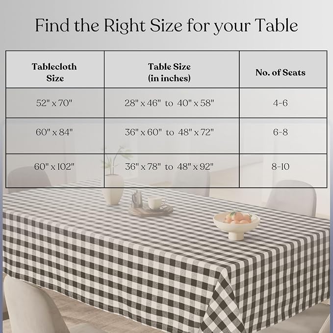 Gingham Check Tablecloth, 100% Cotton, 52x70 Inch, Black and White, Durable Table Cover for Rustic Kitchen Decor, Picnics, BBQ, Dining Room, Indoor and Outdoor Use, Black White