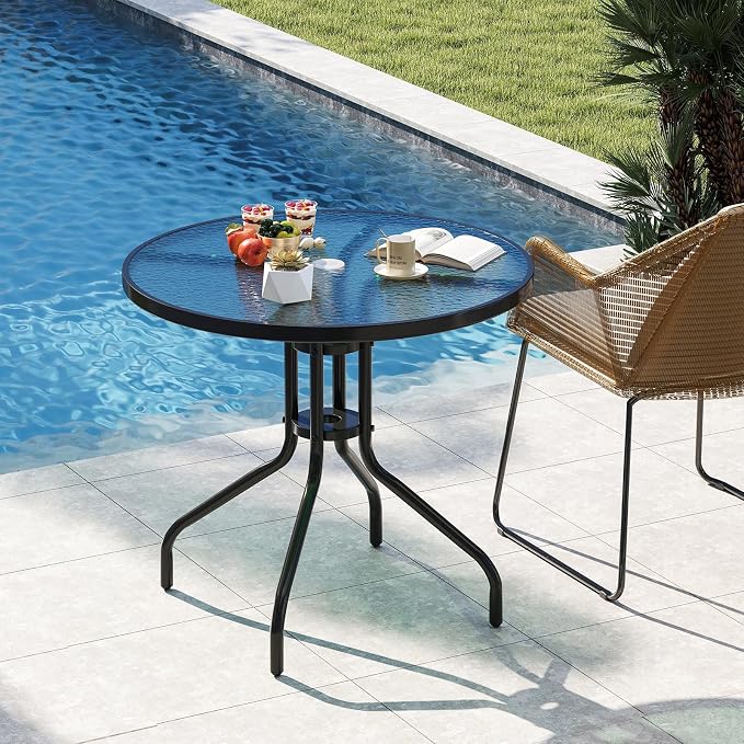 Giantex 31.5" Outdoor Bistro Table, Patio Round Dining Table w/Tempered Glass Tabletop & 2" Umbrella Hole, Heavy-Duty Metal Frame for Garden Yard Poolside Porch (31.5"x31.5"x28.5")