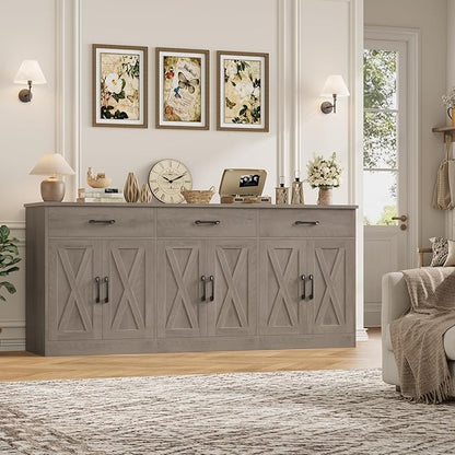 HOSTACK 71" Large Sideboard Buffet Cabinet with Storage, Farmhouse Coffee Bar Cabinet with 3 Drawers, Long Kitchen Buffet Table, Kitchen Sideboard Storage Cabinet for Dining Room, Living Room, Grey