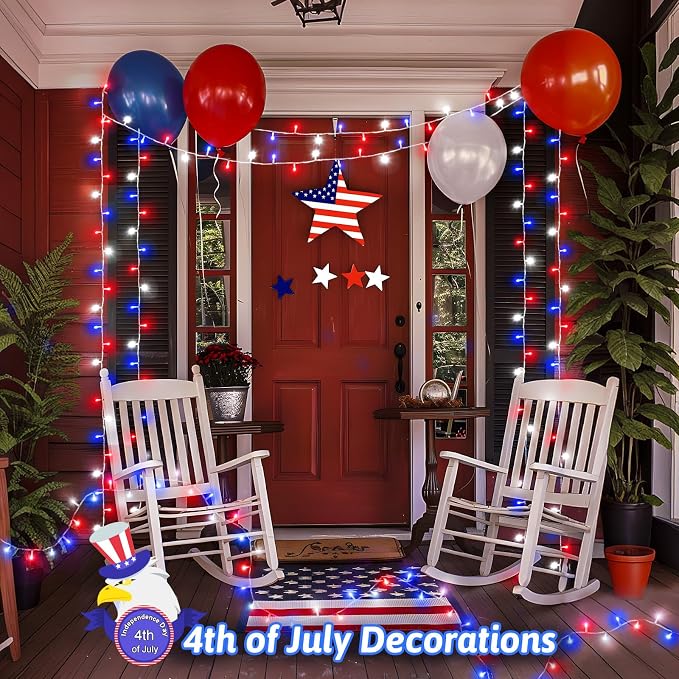 Red White and Blue Lights String for 4th of July Decorations Outdoor Total 100 LED 33ft for Memorial Day Decorations, Battery Operated Waterproof Timer Patriotic for Independence Day, 2-Pack
