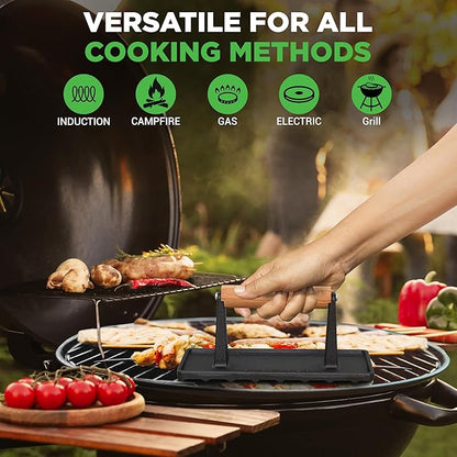 NutriChef Cast Iron Grill Press, Heavy-Duty Smash Burger Press with Beech Wood Handle, Reduces Cooking Time, Ideal Meat Press for Steaks, Sandwiches & More, Safe for Gas, Electric & Induction, 9"x4"
