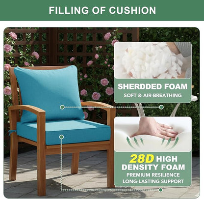 Summsun Faux Linen Outdoor Chair Cushions, Water Resistant Backrest and Deep Seat Cushion Set with Removable Cover, Straps, Non-Slip Bottom for Patio Furniture, 22 x 22 Inch, Teal, Set of 2