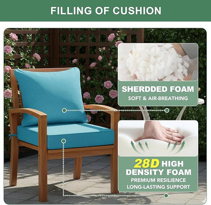 Summsun Faux Linen Outdoor Chair Cushions, Water Resistant Backrest and Deep Seat Cushion Set with Removable Cover, Straps, Non-Slip Bottom for Patio Furniture, 22 x 22 Inch, Teal
