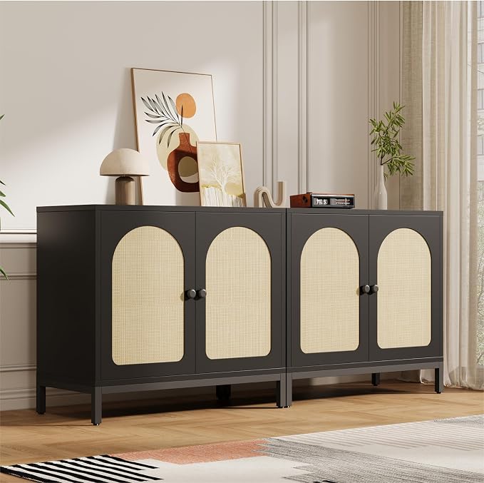 GarveeHome Rattan Sideboard Buffet Cabinet Set of 2, Black | Boho Accent Kitchen Storage Liquor Bar Console Cabinet with Adjustable Shelf for Living Room, Hallway