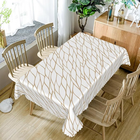 Brown and White Geometric Fabric Waterproof Tablecloth 60x120 Inch Abstract Irregular Stripes Tablecloths Dining Table Cloth Buffet Parties Patio and Camping Chic Decoration for Home Kitchen