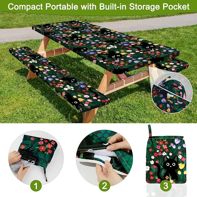 Picnic Table and Bench Cover Set, Waterproof Fitted Elastic Cloth | Portable Camping Essentials With Built-In Storage Pocket And Waterproof Fabric For Outdoor RV Or Picnic Table Use