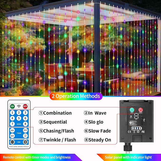 Solar Curtain Lights Outdoor 10 x 10Ft 300LED Waterproof Waterfall Light with 8 Modes Remote USB Rechargeable Dimmable Timer Twinkle Fairy String Lights for Outdoor Christmas Gazebo Wedding Pergola