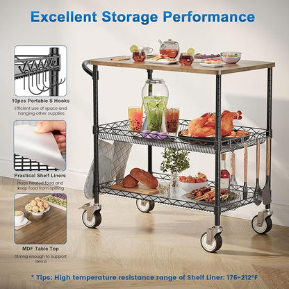 Rolling Kitchen Carts with Wheels, 3-Tier Utility Cart with Wood Tabletop | NSF Commercial Metal Serving Cart with Handle and Shelf Liner for Kitchen Snacks,34"D x 17.5"W x 32.5"H,Black
